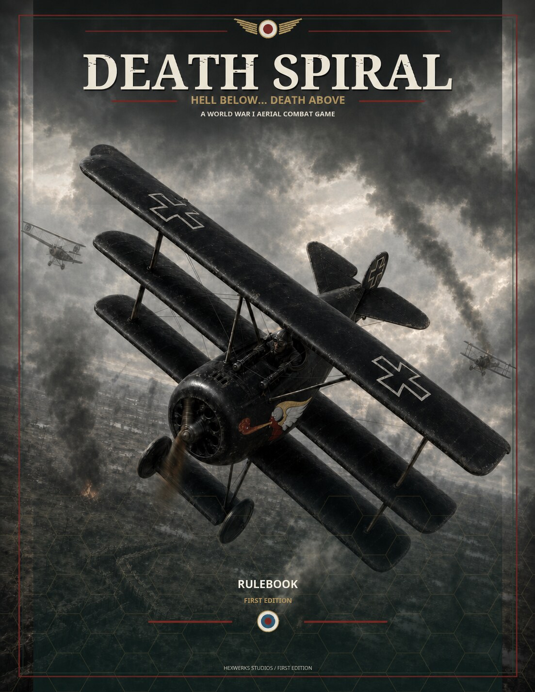 Death Spiral First Edition cover showing a German triplane banking through storm clouds