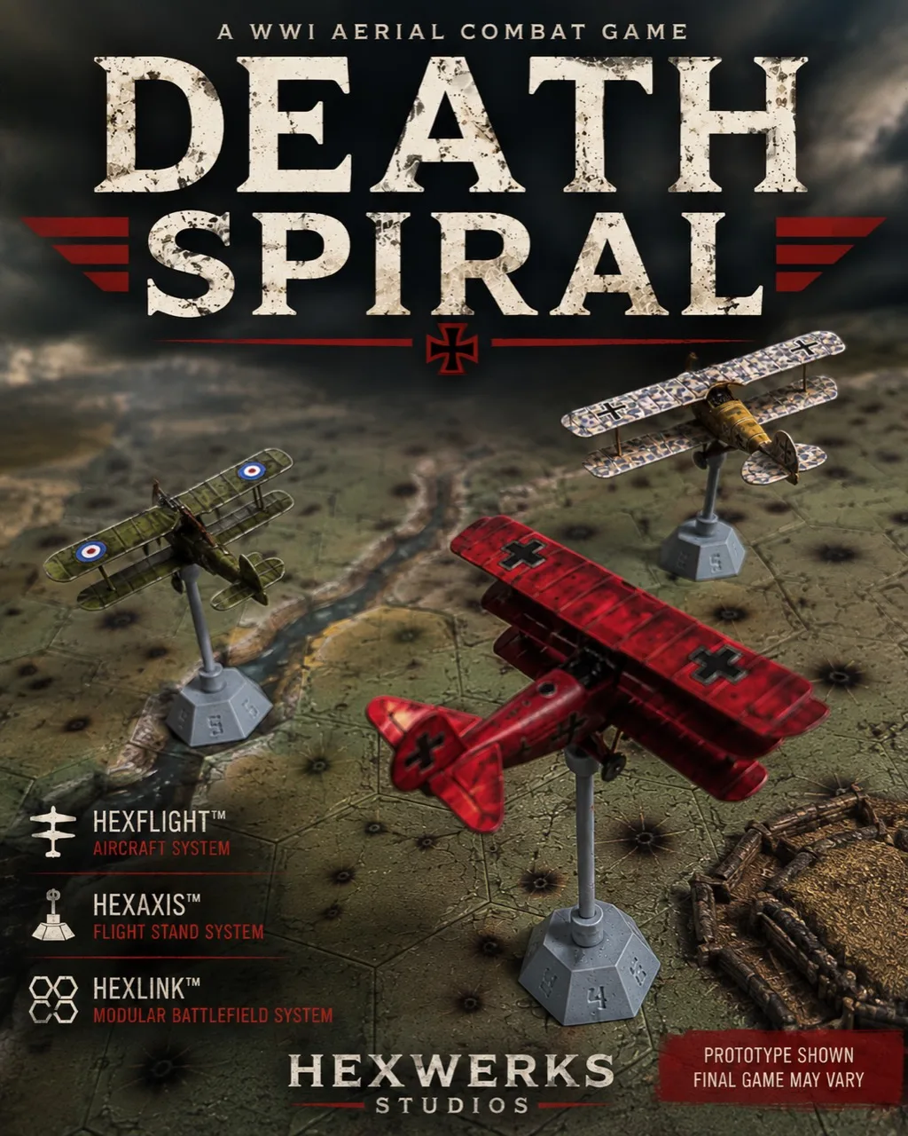 Death Spiral graphic showing painted WWI aircraft on HexAxis stands above the Death Spiral Battlefield